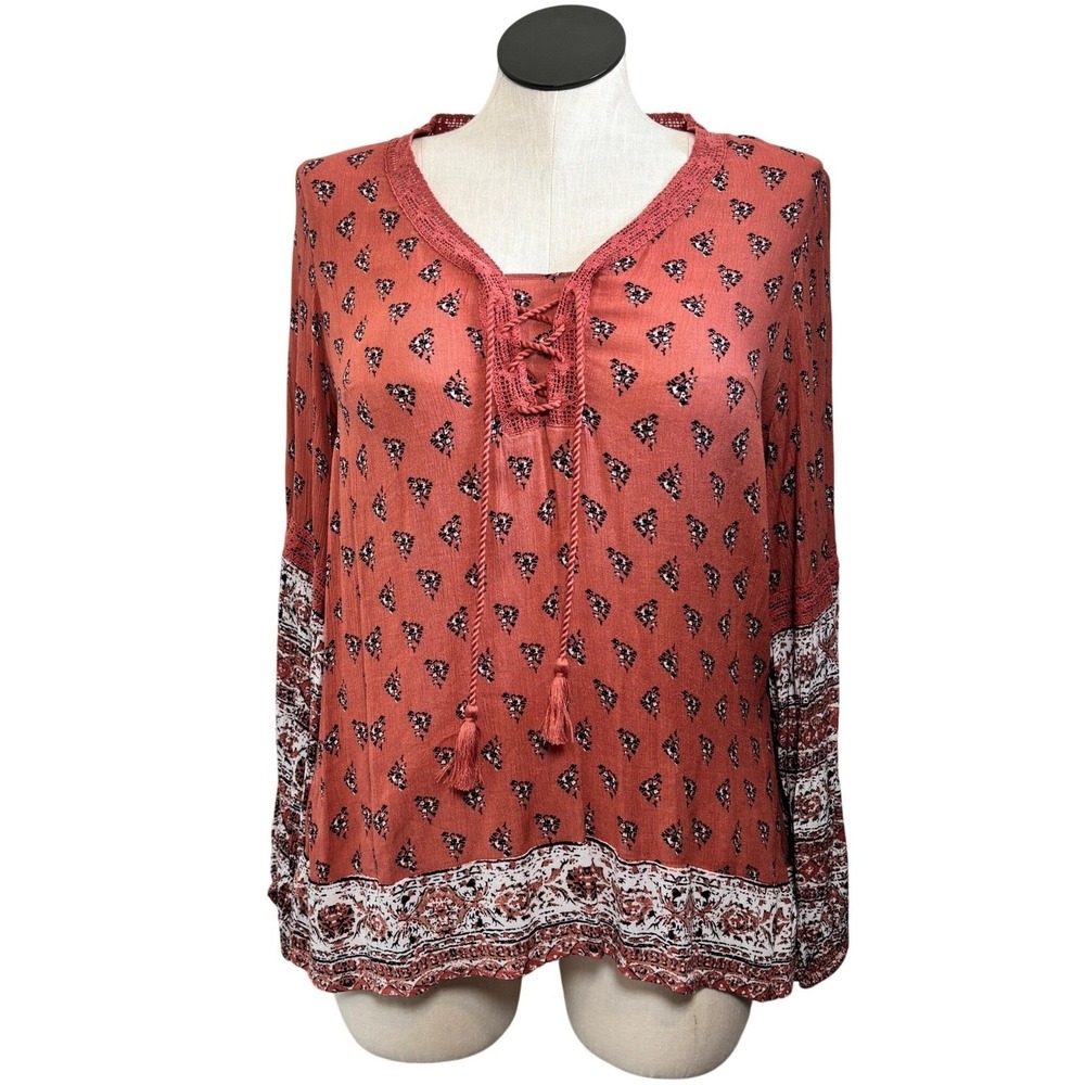 New‎ Directions Womens Medium Rust Floral Print Lace Up Tassel V Neck Blouse